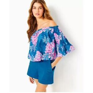 Lilly Pulitzer Croix Off The Shoulder Crop Top Blue Pink Floral Bell Sleeve L